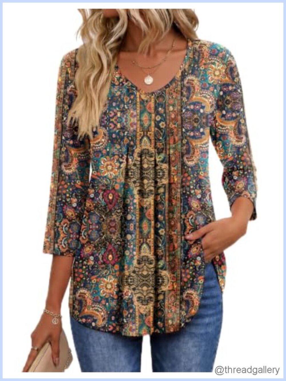 Women's 3/4 Sleeve V-Neck Pleated Blouse Casual Top